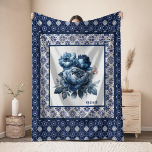 Elegant Blue flowers chinoiserie toile monogram Fleece Blanket