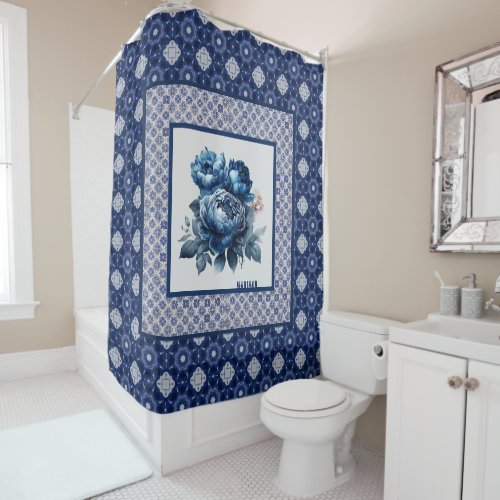 Elegant Blue flowers chinoiserie toile monogram Shower Curtain