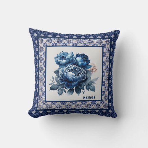 Elegant Blue flowers chinoiserie toile monogram Throw Pillow