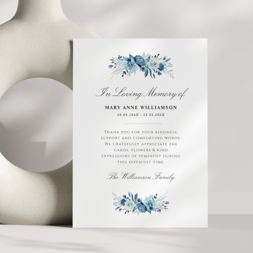 elegant blue flowers funeral thank you card