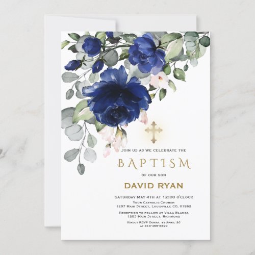Elegant Blue Flowers Gold Cross Boy Baptism Invitation