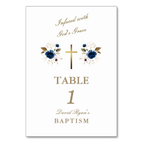 Elegant Blue Flowers Gold Cross Boy Baptism  Table Number