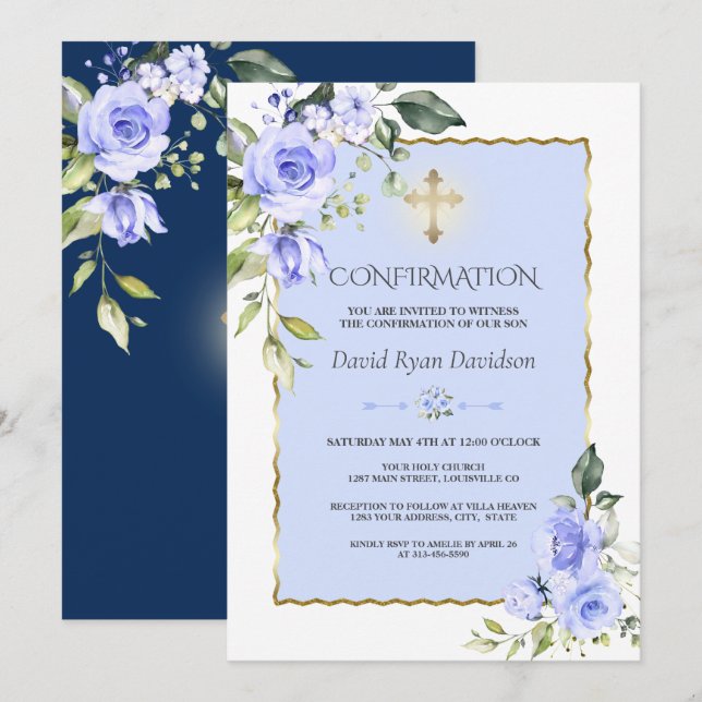 Elegant Blue Flowers Gold Cross Boy Confirmation Invitation (Front/Back)