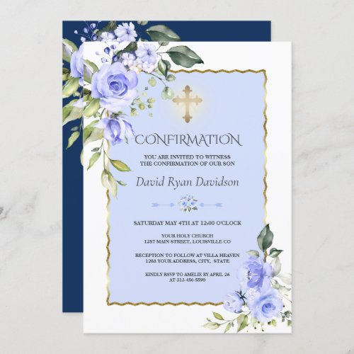 Elegant Blue Flowers Gold Cross Boy Confirmation Invitation