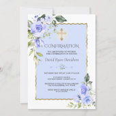 Elegant Blue Flowers Gold Cross Boy Confirmation Invitation | Zazzle