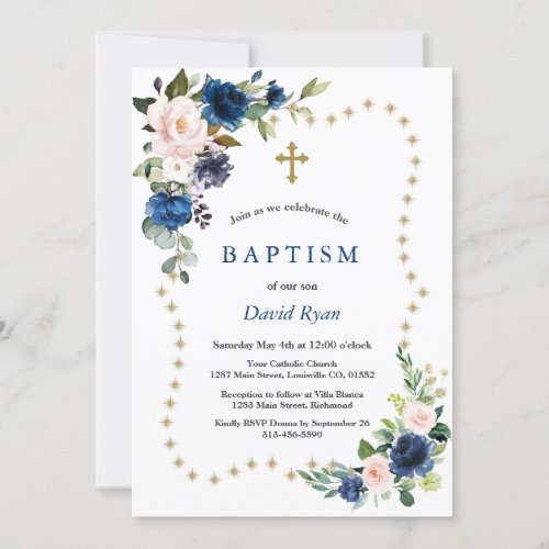 Elegant Blue Flowers Gold Glitter Sparkles Baptism Invitation