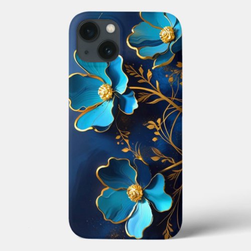 Elegant Blue Flowers Golden Outlines Phone Case