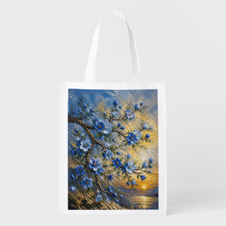 Elegant Blue Flowers Golden Sunset Grocery Bag