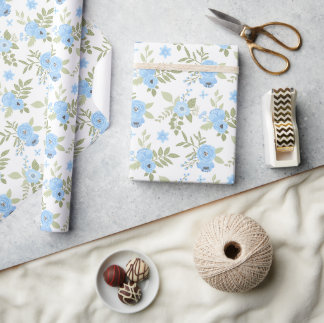 Elegant Blue Flowers & Greenery Botanical Wrapping Paper