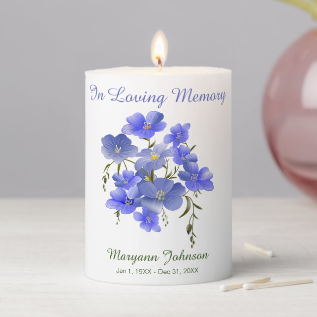 Elegant Blue Flowers In Loving Memory Remembrance Pillar Candle (In Situ)