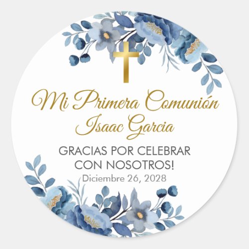 Elegant Blue Flowers in Spanish First Communion  Classic Round Sticker