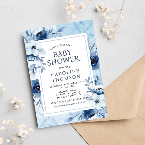 Elegant Blue Flowers Its A Boy Baby Shower Invitation