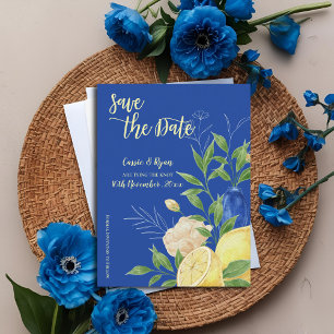 Elegant Blue Flowers & Lemon Theme Save the Date Postcard