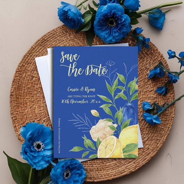 Elegant Blue Flowers & Lemon Theme Save the Date Postcard (Elegant Blue Flowers & Lemon Theme Save the Date Postcard)