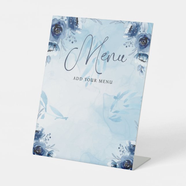 Elegant Blue Flowers  Menu Baby Shower Boy Pedestal Sign (Front)