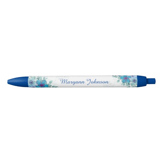 Elegant Blue Flowers Personalized Ink Pen (Front)
