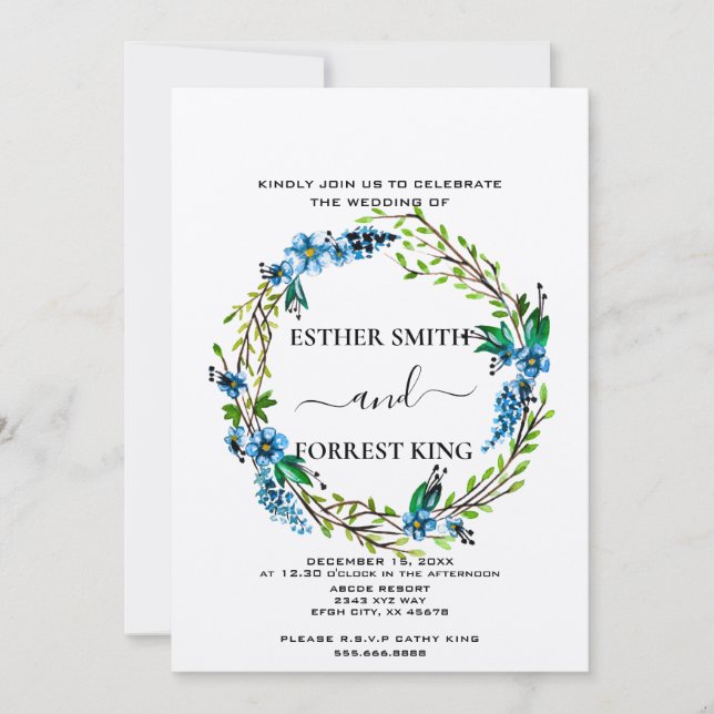 Elegant Blue Flowers Purple Berries Floral Wedding Invitation (Front)