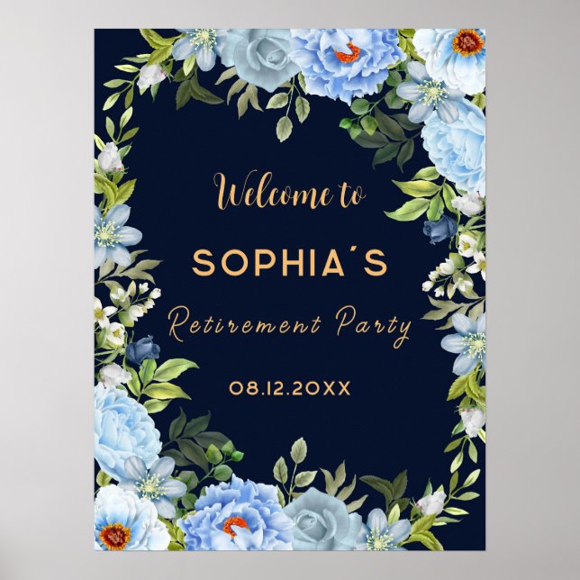 Elegant Blue flowers Retirement Party Welcome Sign (Front)