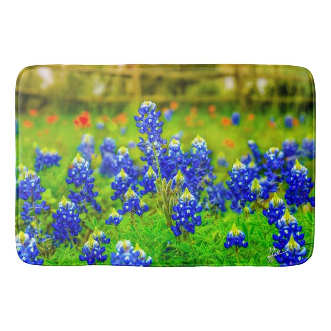Elegant Blue Flowers Texas Bluebonnets Modern Bath Mat (Front)