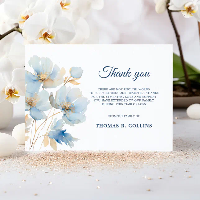 Elegant Blue Flowers Thank You Cards After Funeral | Zazzle