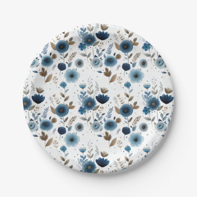 Elegant Blue Flowers Watercolor Floral Pattern Paper Plates (Front)