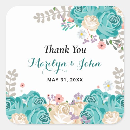 Elegant Blue Flowers Watercolor Wedding Thank You Square Sticker