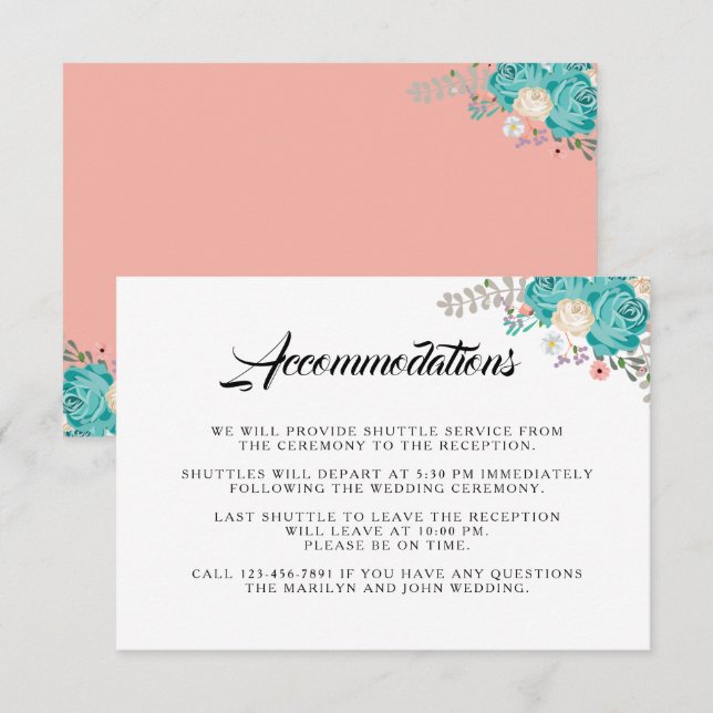 Elegant Blue Flowers Wedding Accommodations Enclosure Card (Front/Back)