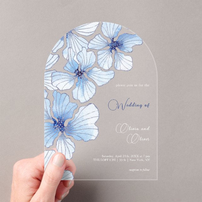 Elegant Blue Flowers Wedding  Acrylic Invitations (Insitu (Handheld))