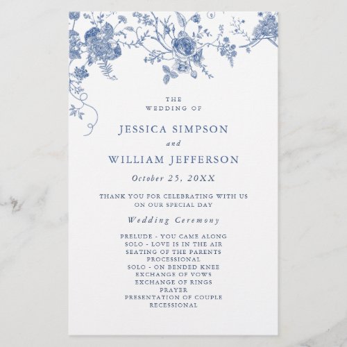 Elegant Blue Flowers Wedding Ceremony Program
