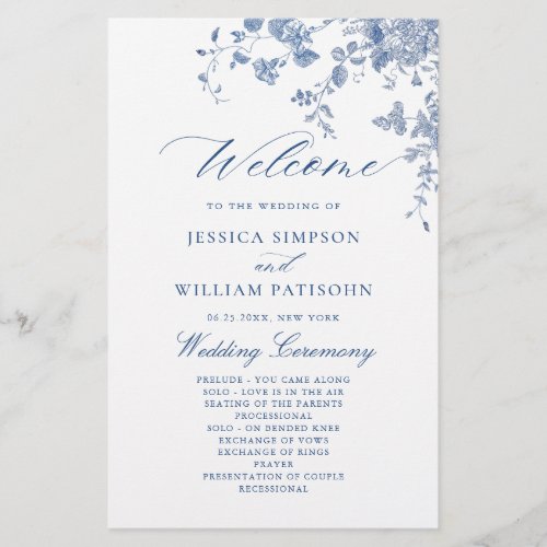 Elegant Blue Flowers Wedding Ceremony Program