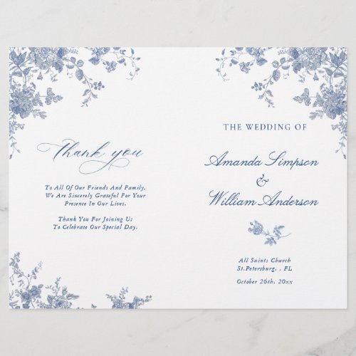 Elegant Blue Flowers Wedding Ceremony Program