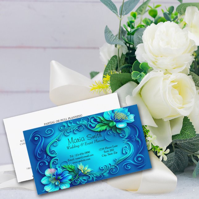 Elegant Blue Flowers Wedding Event Planner  Business Card (Creator Uploaded)