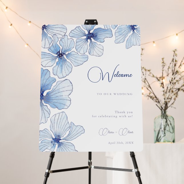 Elegant Blue Flowers Wedding Welcome Foam Board (In Situ (Stand))