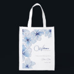 Elegant Blue Flowers Wedding Welcome Grocery Bag<br><div class="desc">Wedding Welcome grocery bag with cute blue watercolor  flowers with silver contours,  elegant floral soft light blue flowers,  spring or summer pastel colored floral design,  romantic flower composition of wildflowers. Botanical watercolor. Elegance flower botany Wedding Welcome grocery bag. Elegant Blue Flowers Collection.</div>