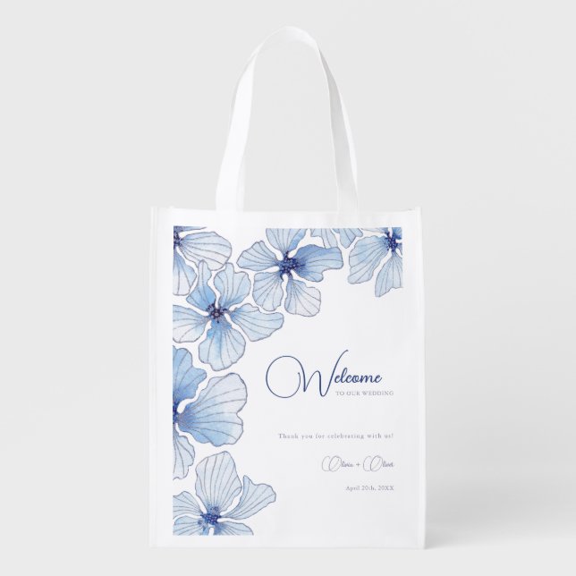 Elegant Blue Flowers Wedding Welcome Grocery Bag (Front)