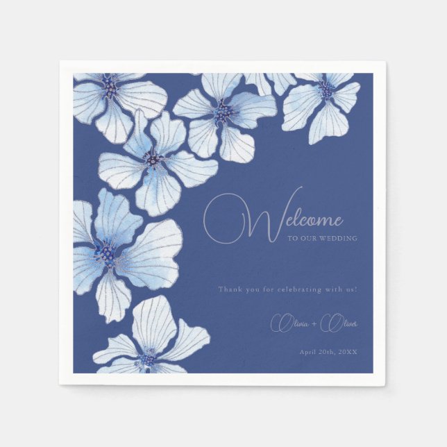 Elegant Blue Flowers Wedding Welcome Napkins (Front)