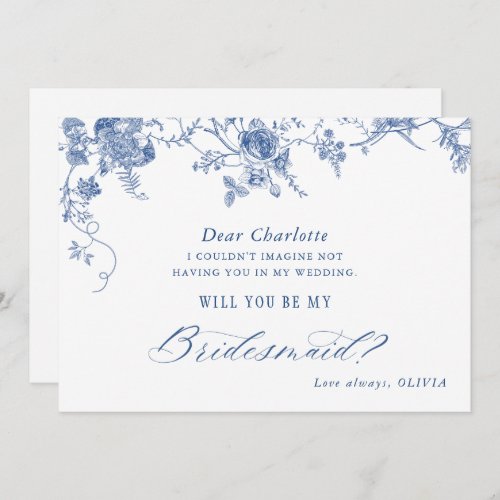 Elegant Blue Flowers Will You Be My Bridesmaid Invitation