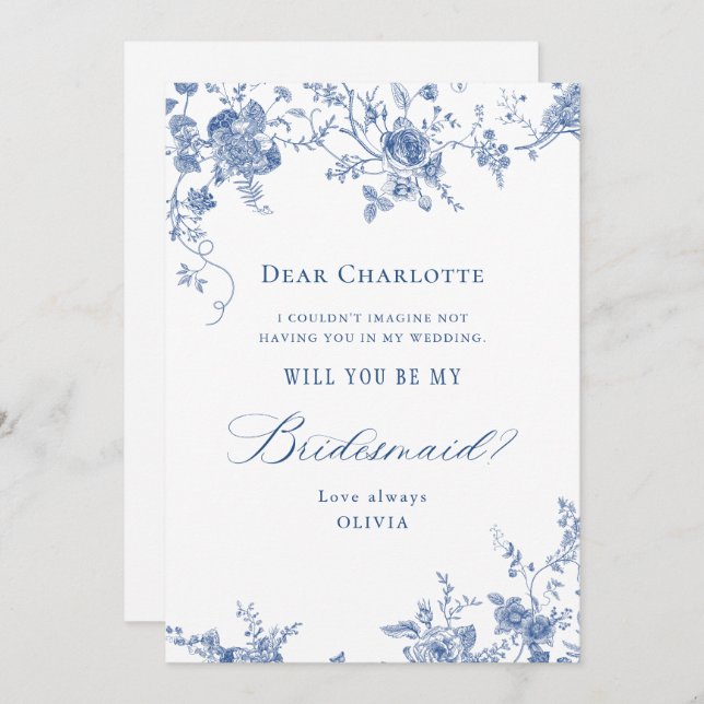 Elegant Blue Flowers Will You Be My Bridesmaid Invitation (Front/Back)