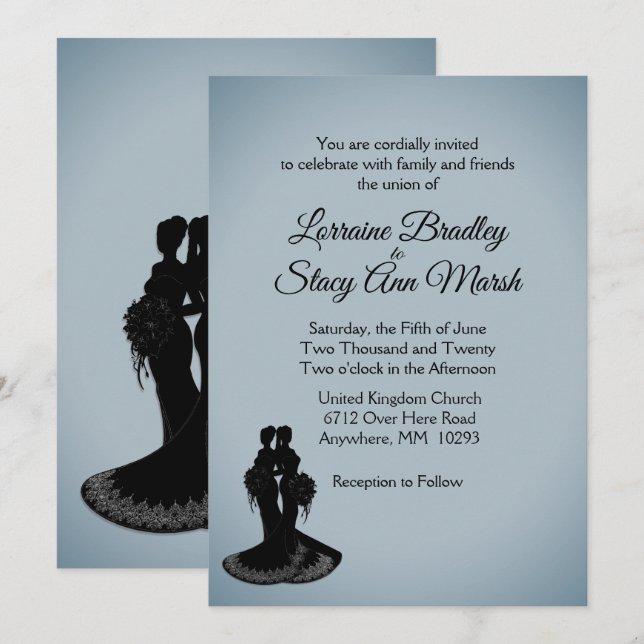 Elegant Blue Fog Lesbian Wedding Invitation (Front/Back)