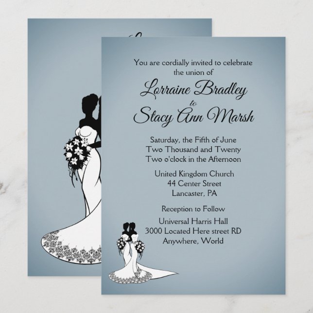 Elegant Blue Fog Lesbian Wedding Invitation (Front/Back)