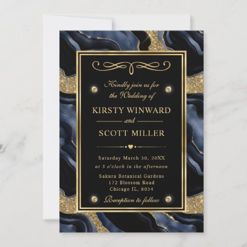 Elegant Blue Foil and Gold Glitter Agate Wedding Invitation