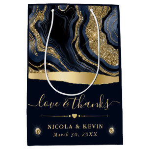 Elegant Blue Foil and Gold Glitter Agate Wedding Medium Gift Bag