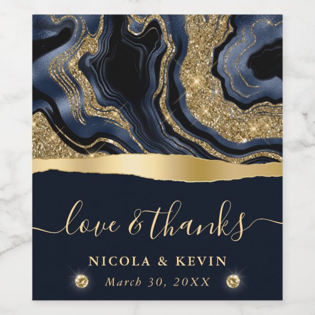 Elegant Blue Foil and Gold Glitter Agate Wedding Wine Label (Single Label)