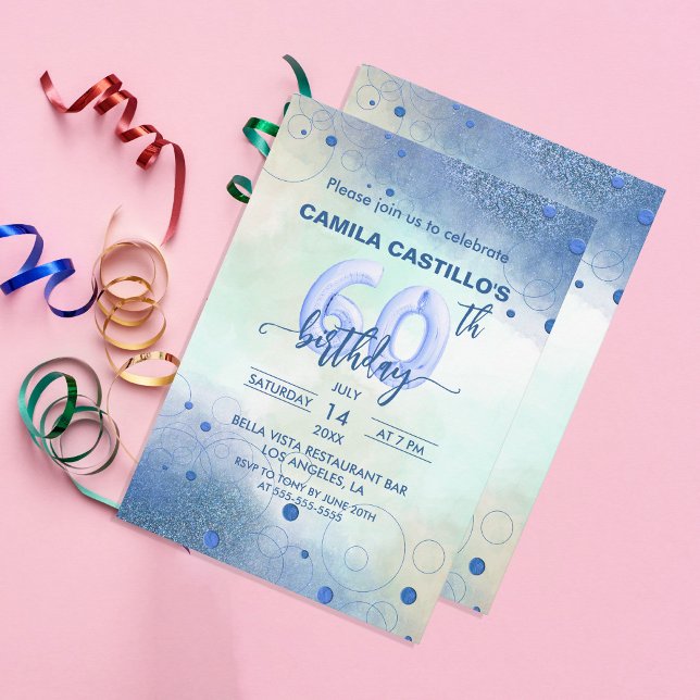 Elegant Blue Foil Balloons 60th Birthday Party Invitation (Creator Uploaded)