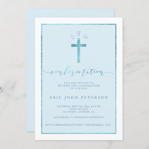 Elegant blue foil cross boy monogram confirmation invitation