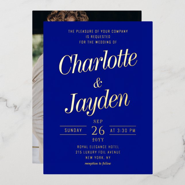 Elegant Blue Foil Script Photo Wedding Invitation (Front/Back)