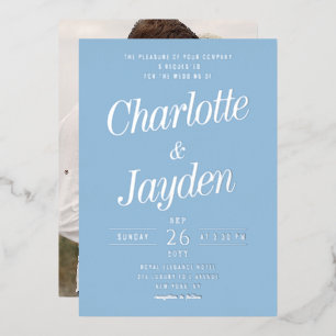 Elegant Blue Foil Script Photo Wedding Invitation