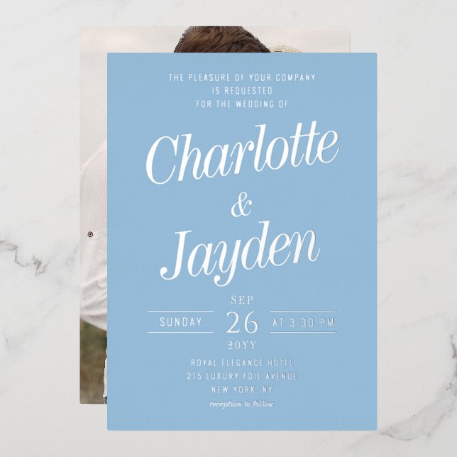 Elegant Blue Foil Script Photo Wedding Invitation (Front/Back)