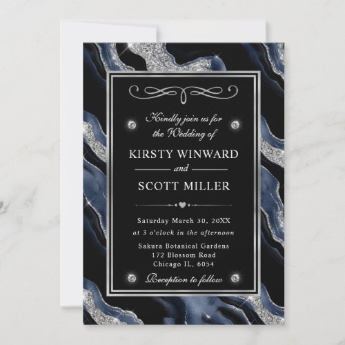Elegant Blue Foil  Silver Glitter Agate Wedding Invitation
