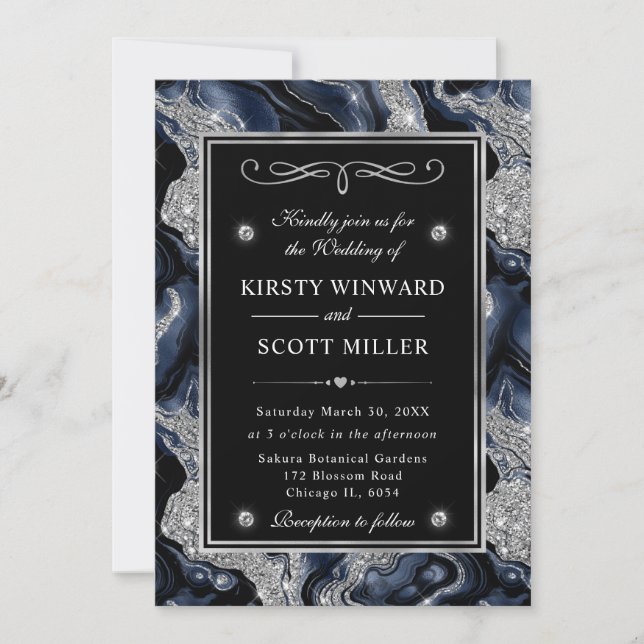 Elegant Blue Foil & Silver Glitter Agate Wedding Invitation (Front)